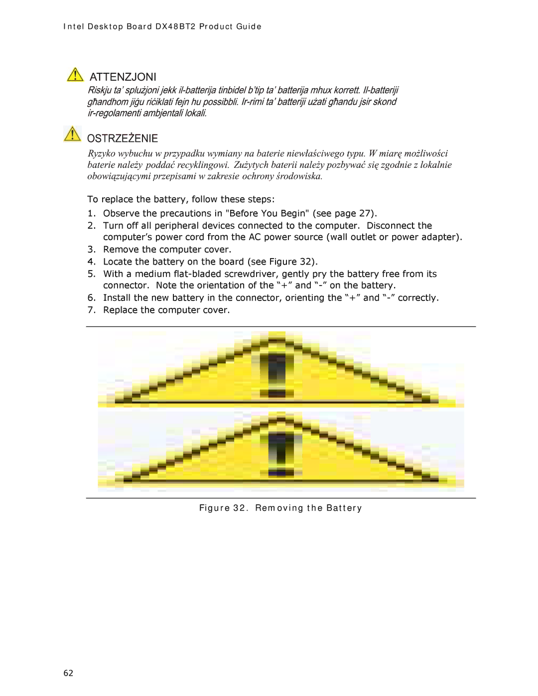 Intel DX48BT2 manual Removing the Battery 