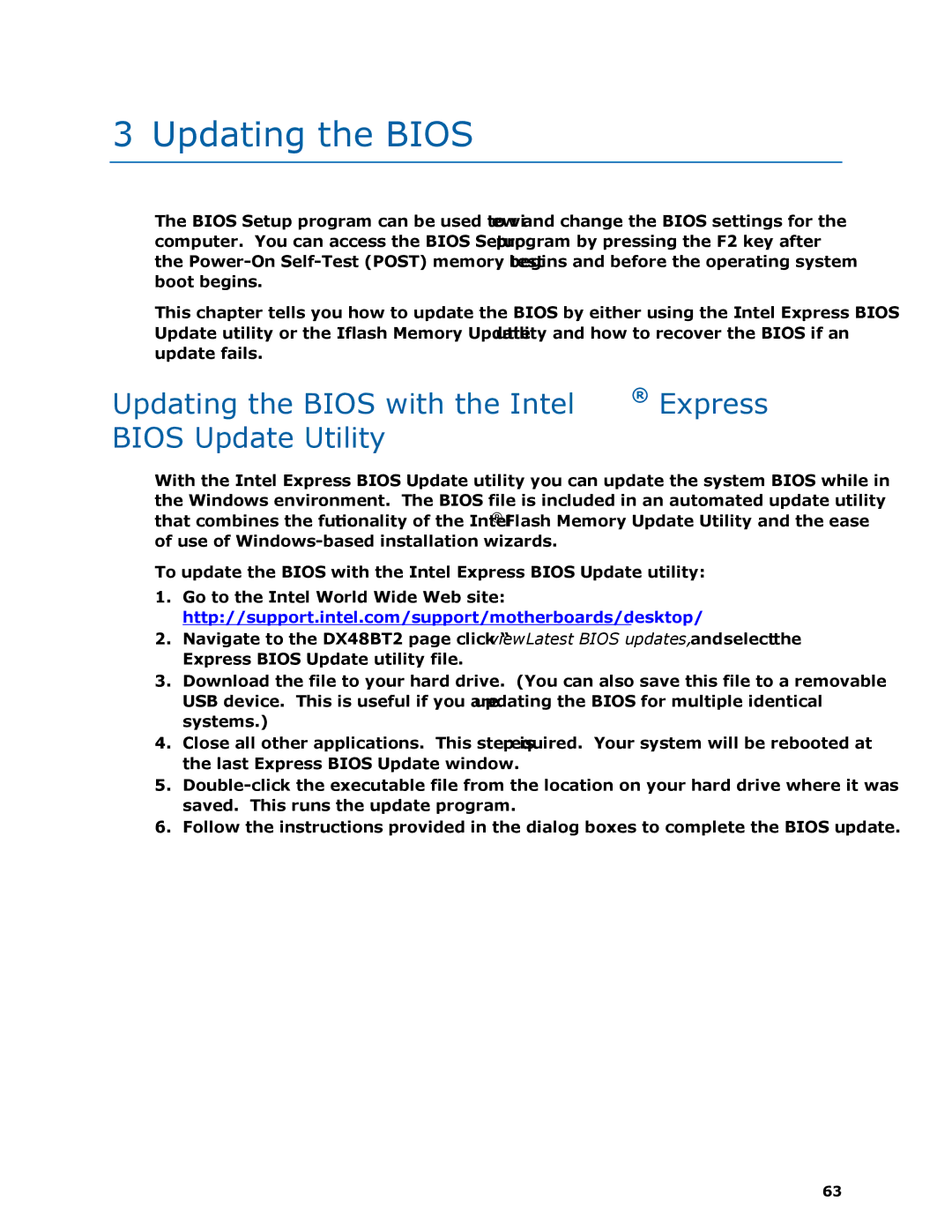 Intel DX48BT2 manual Updating the Bios with the Intel Express Bios Update Utility 