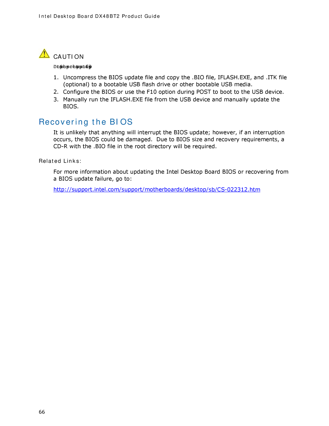 Intel DX48BT2 manual Recovering the Bios, Related Links 