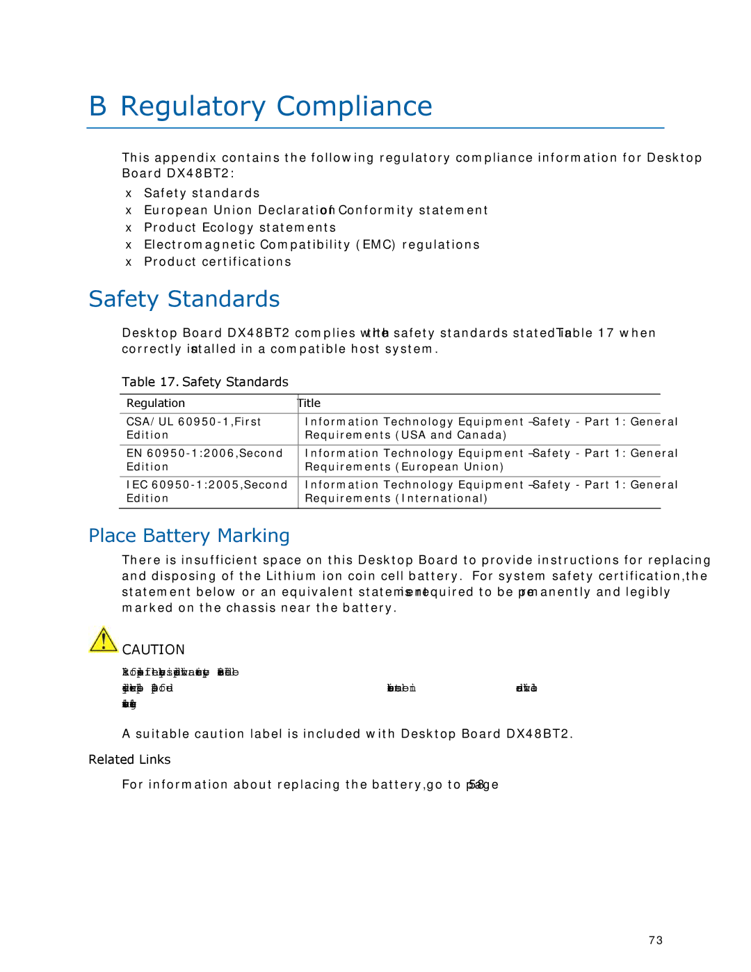 Intel DX48BT2 manual Regulatory Compliance, Safety Standards, Place Battery Marking, Regulation Title 