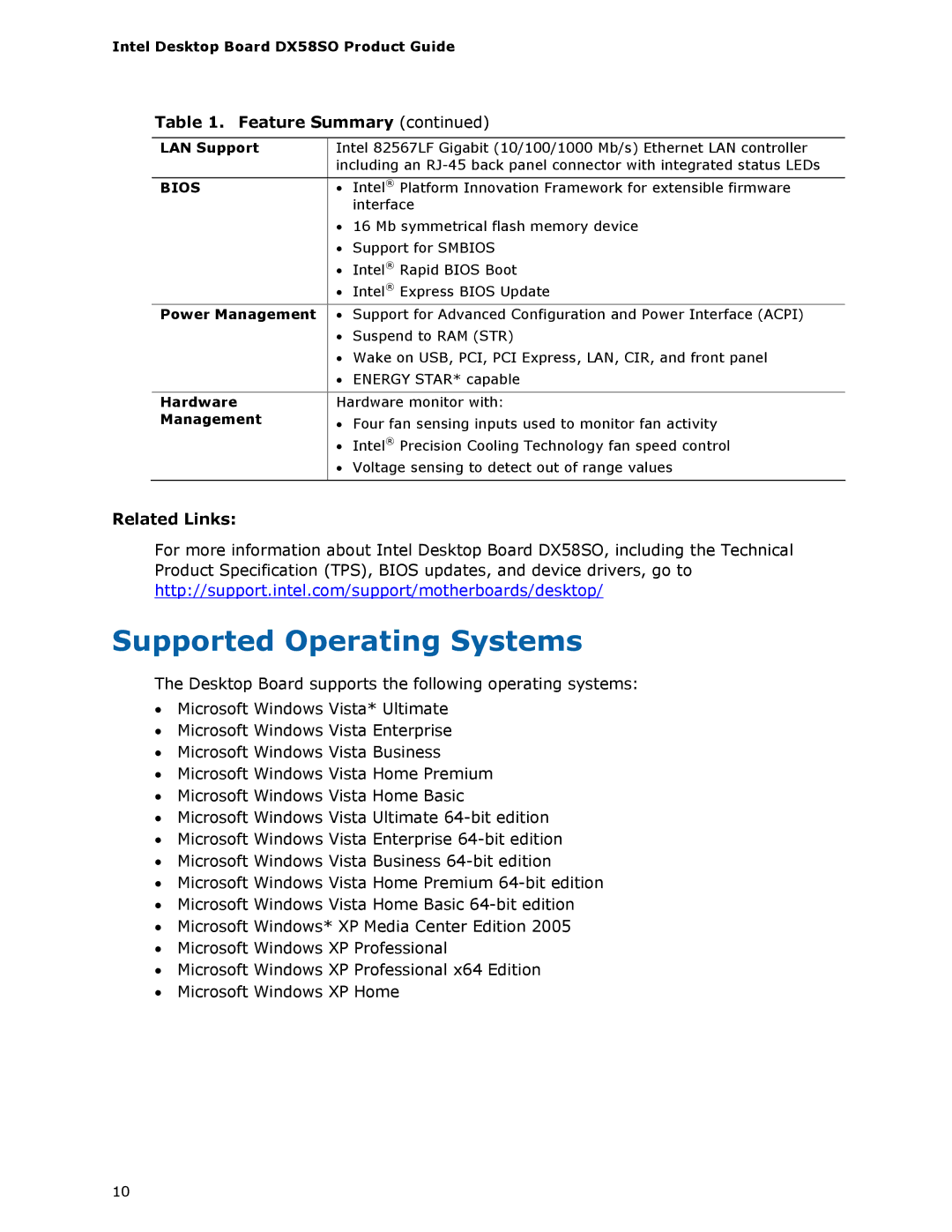 Intel DX58SO manual Supported Operating Systems, Related Links 