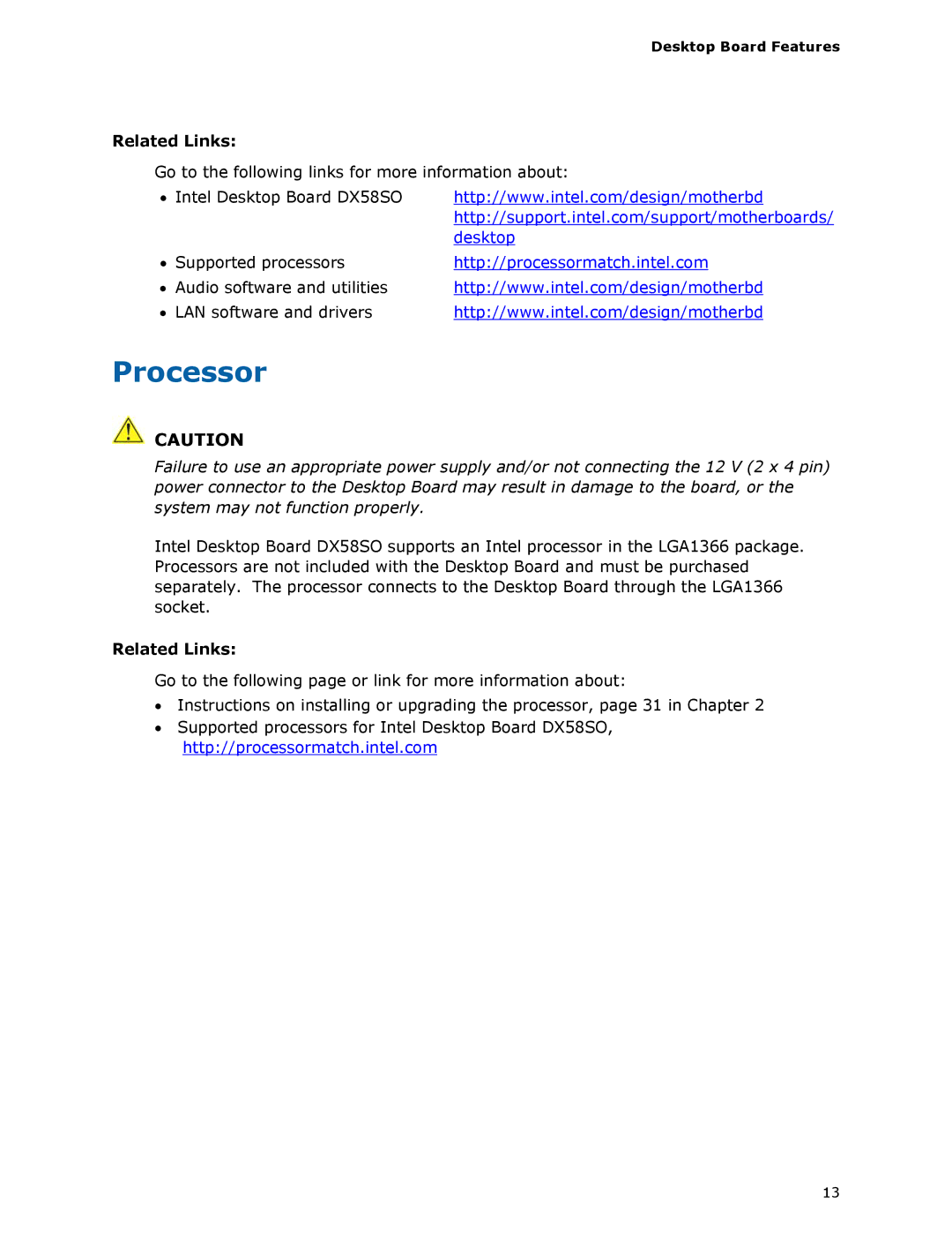 Intel DX58SO manual Processor, Related Links 