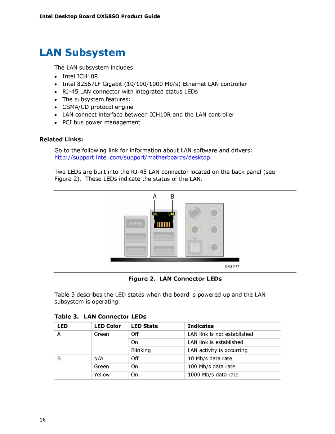 Intel DX58SO manual LAN Subsystem, LED Color LED State Indicates 