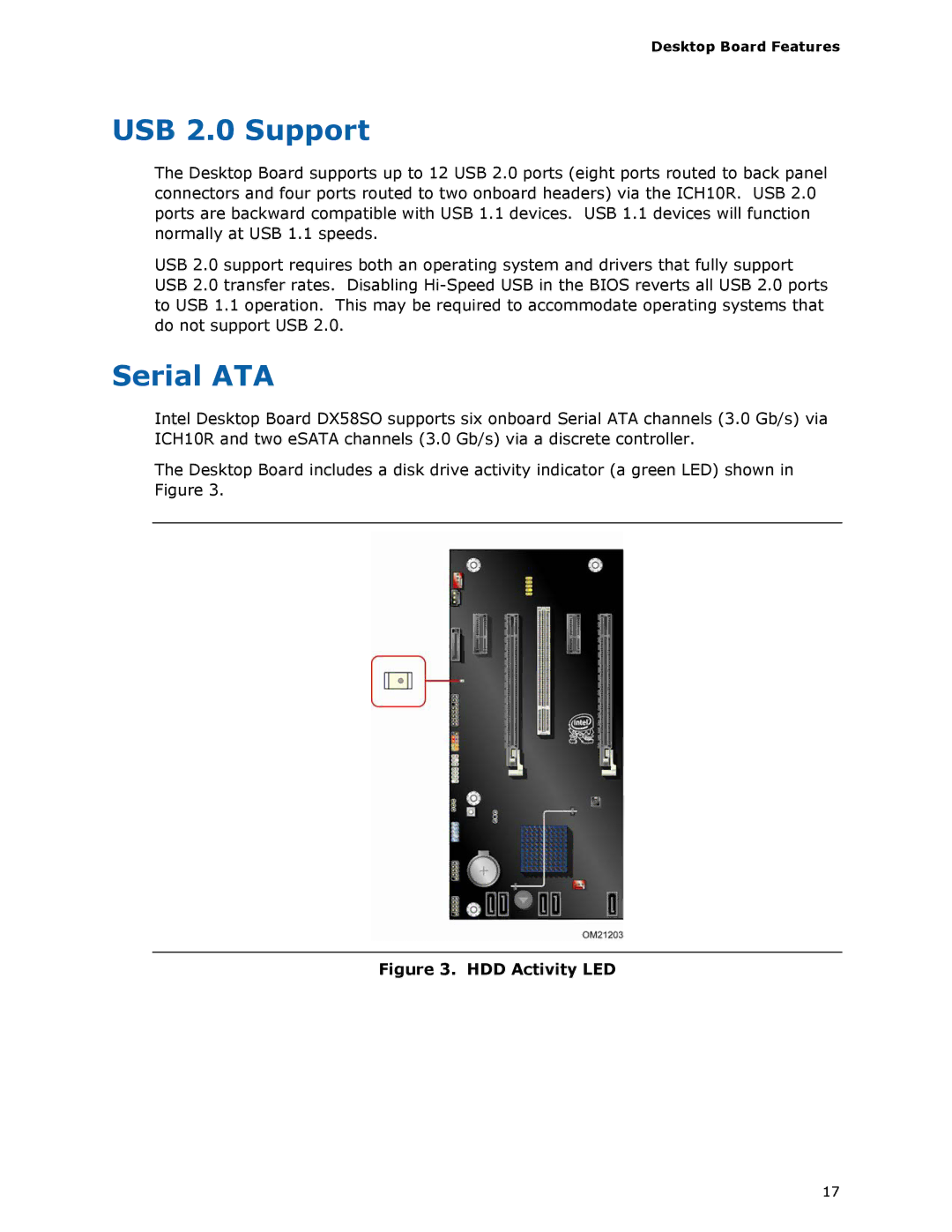 Intel DX58SO manual USB 2.0 Support, Serial ATA 