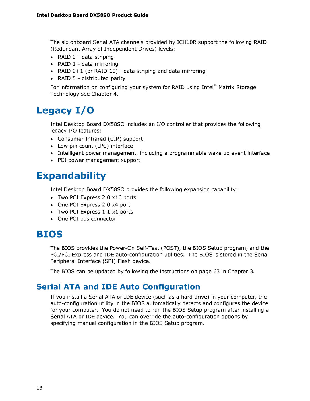 Intel DX58SO manual Legacy I/O, Expandability, Serial ATA and IDE Auto Configuration 