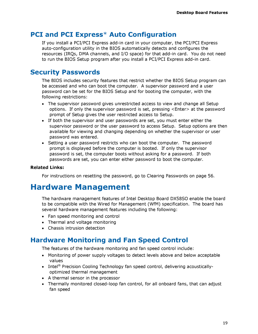 Intel DX58SO manual Hardware Management, PCI and PCI Express* Auto Configuration, Security Passwords 