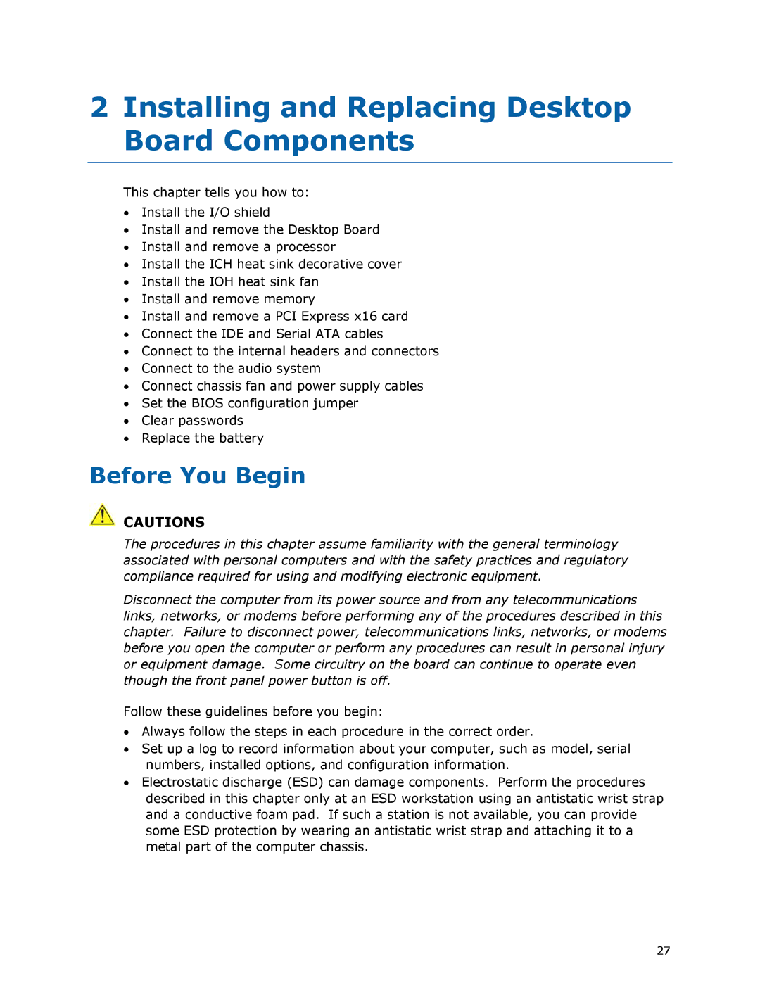 Intel DX58SO manual Installing and Replacing Desktop Board Components, Before You Begin 