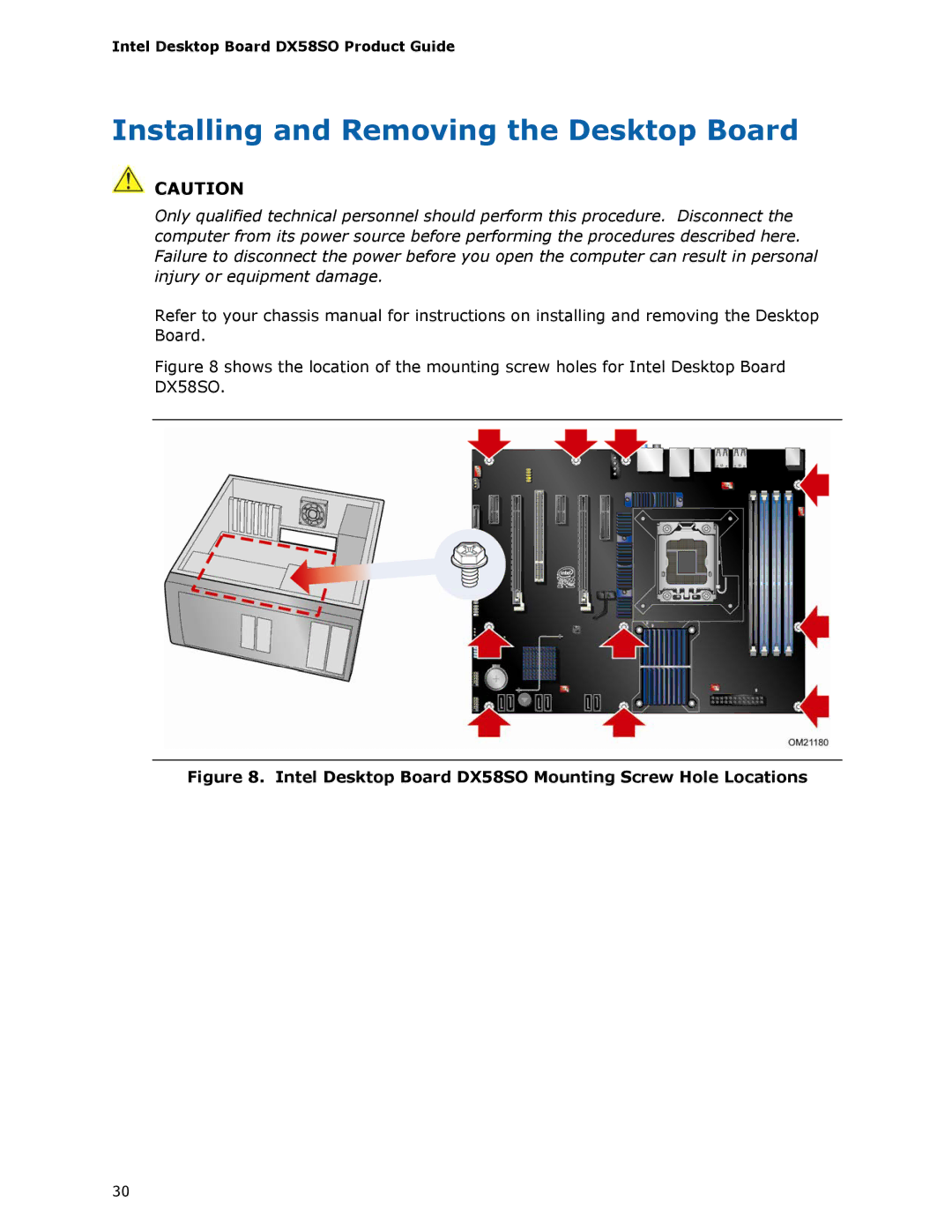 Intel manual Installing and Removing the Desktop Board, Intel Desktop Board DX58SO Mounting Screw Hole Locations 