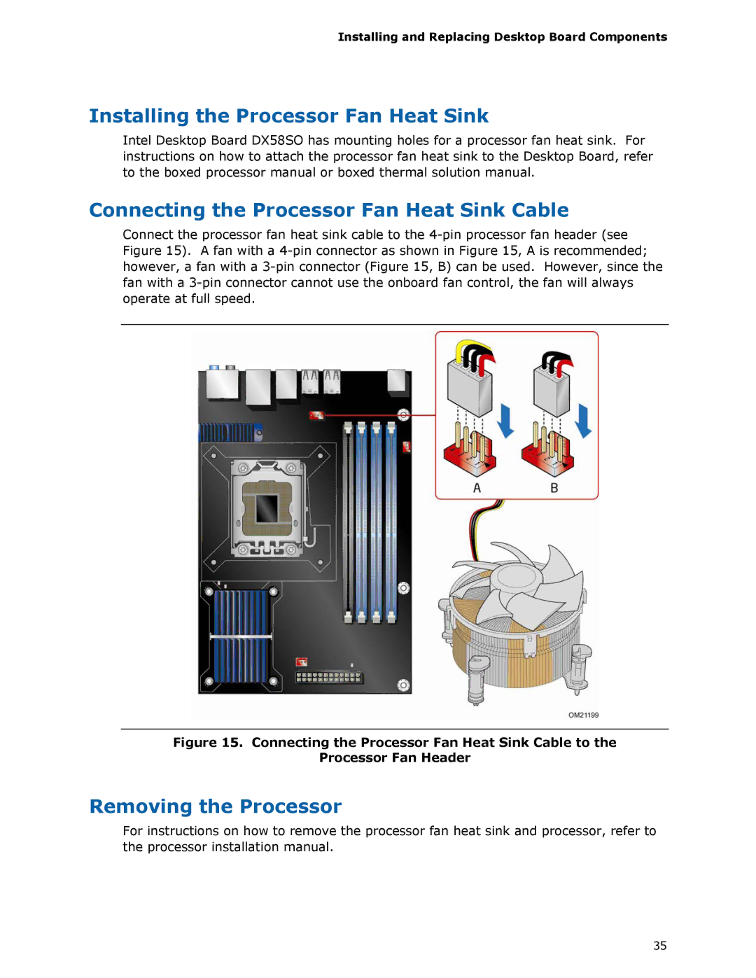 Intel DX58SO Installing the Processor Fan Heat Sink, Connecting the Processor Fan Heat Sink Cable, Removing the Processor 