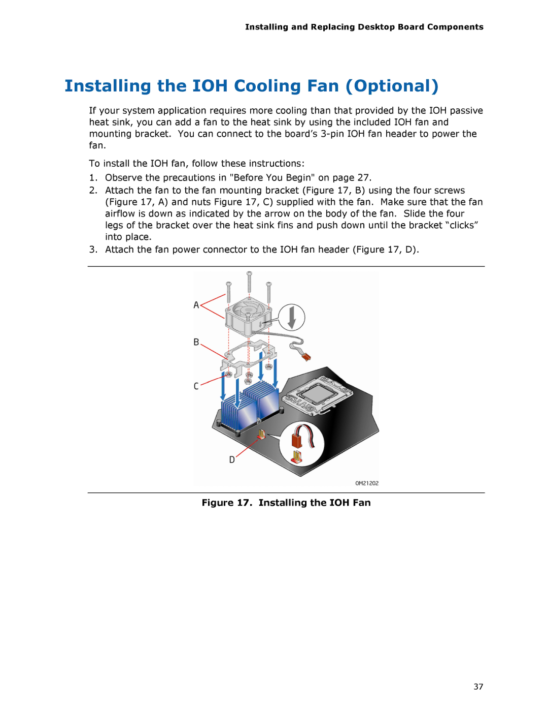 Intel DX58SO manual Installing the IOH Cooling Fan Optional, Installing the IOH Fan 