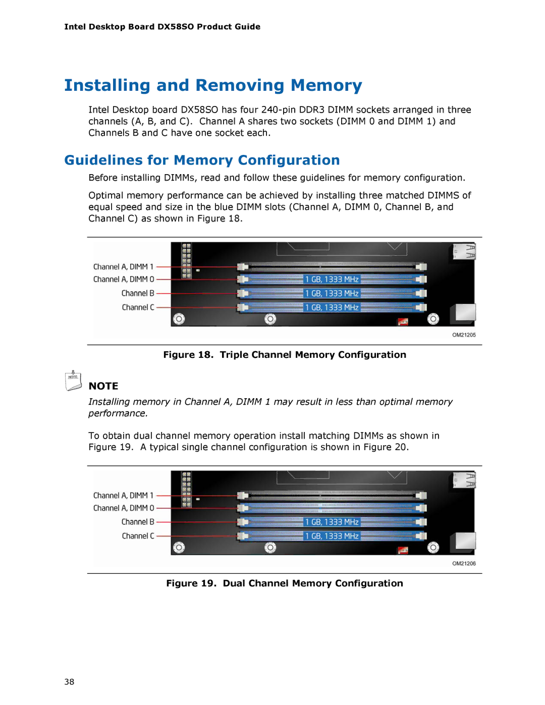 Intel DX58SO manual Installing and Removing Memory, Guidelines for Memory Configuration 