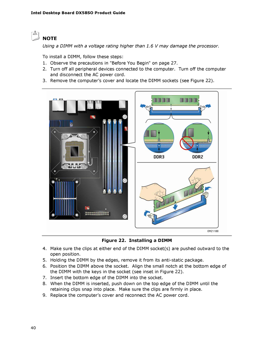 Intel DX58SO manual Installing a Dimm 