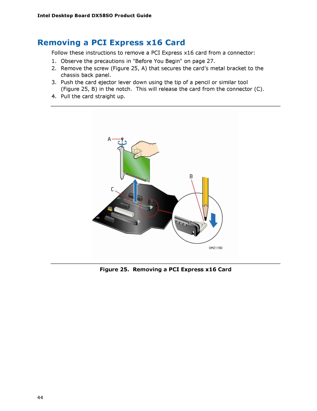 Intel DX58SO manual Removing a PCI Express x16 Card 