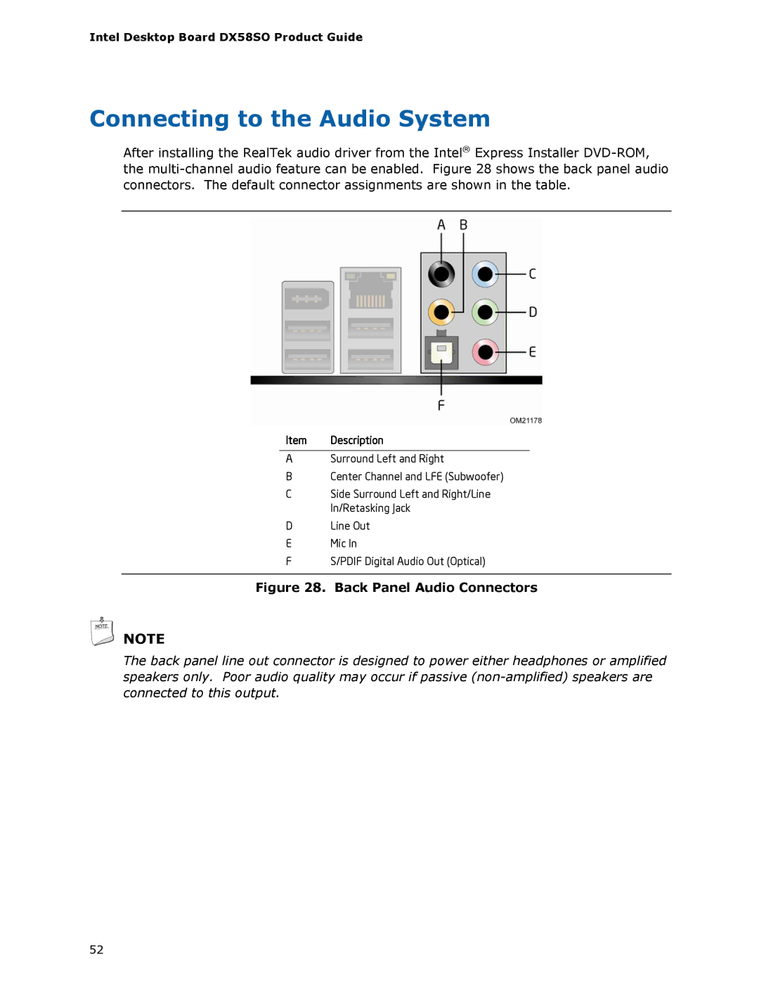 Intel DX58SO manual Connecting to the Audio System, Back Panel Audio Connectors 