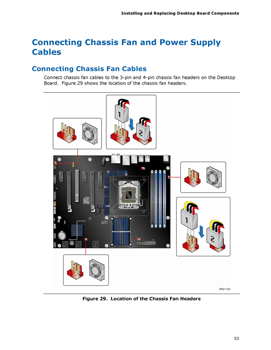 Intel DX58SO manual Connecting Chassis Fan and Power Supply Cables, Connecting Chassis Fan Cables 