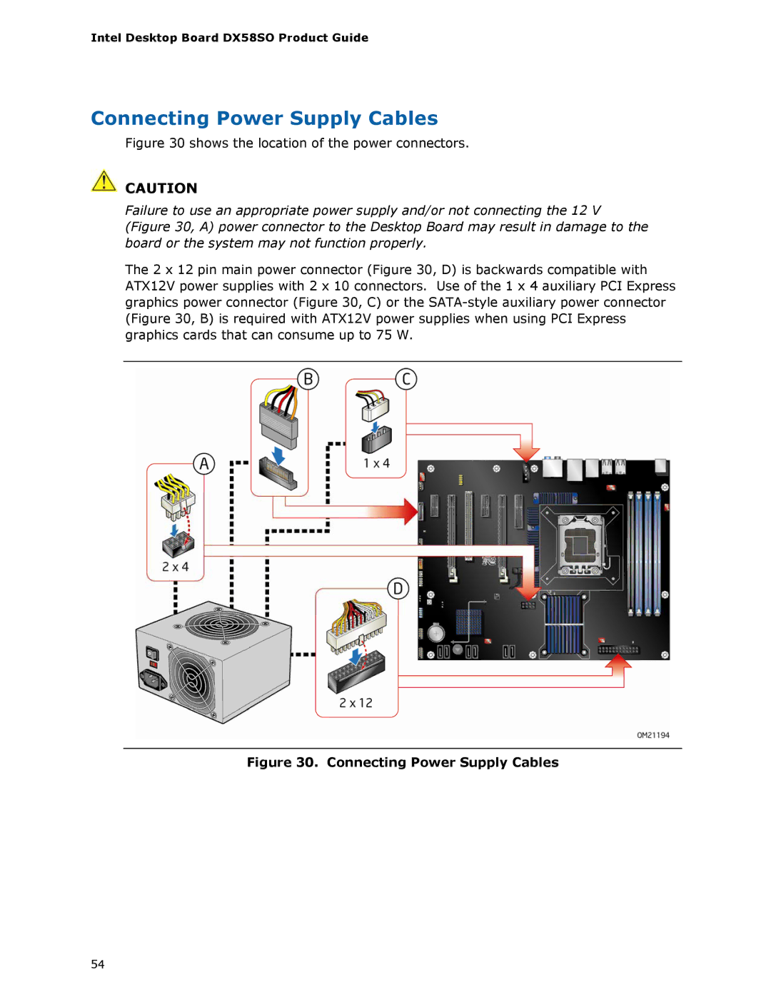 Intel DX58SO manual Connecting Power Supply Cables 