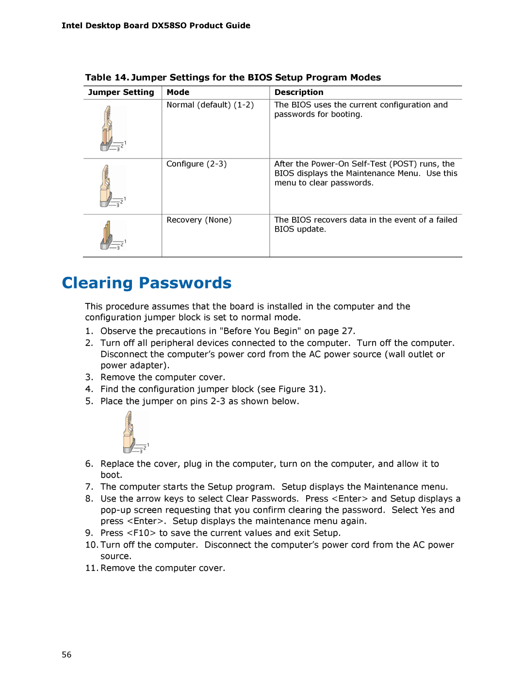 Intel DX58SO manual Clearing Passwords, Jumper Settings for the Bios Setup Program Modes, Jumper Setting Mode Description 