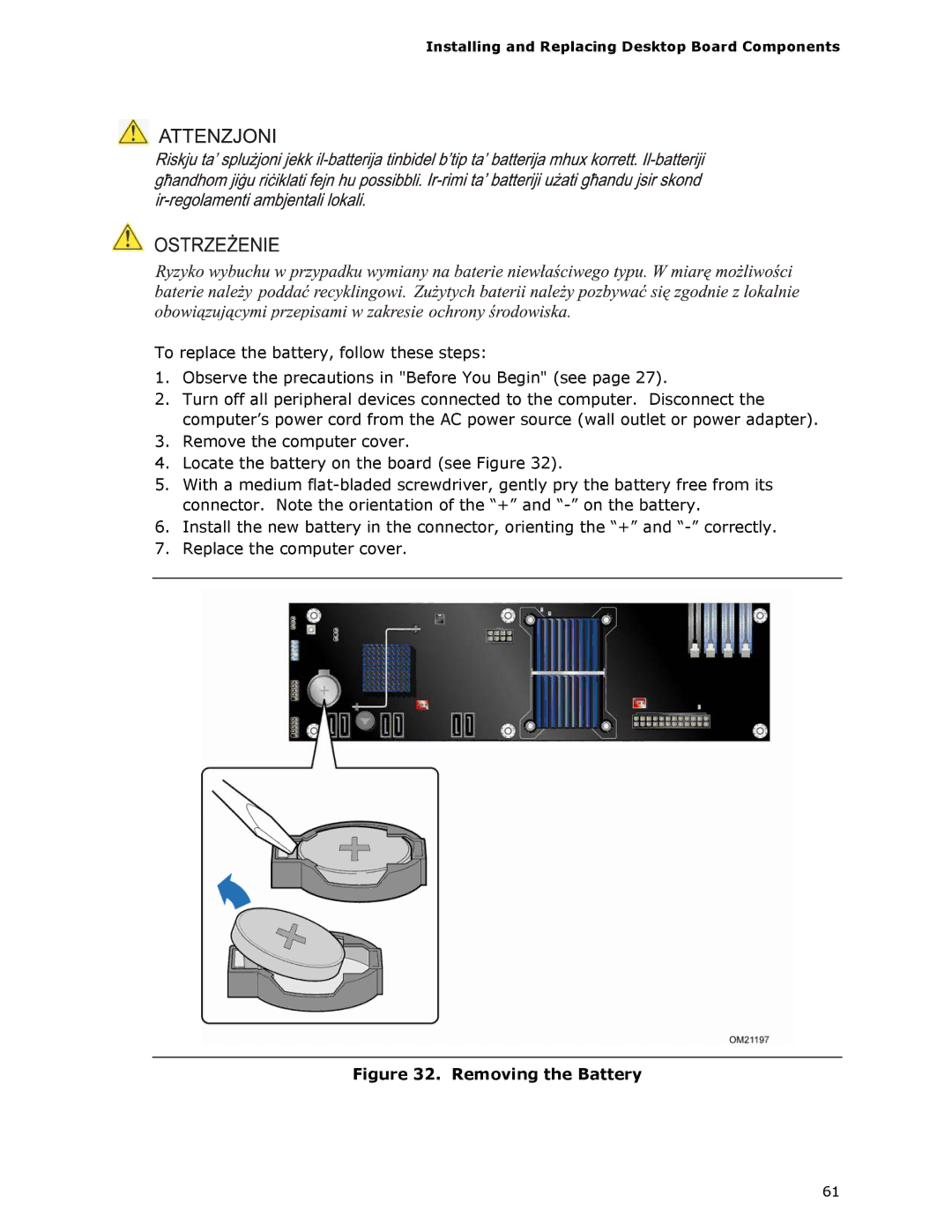 Intel DX58SO manual Removing the Battery 