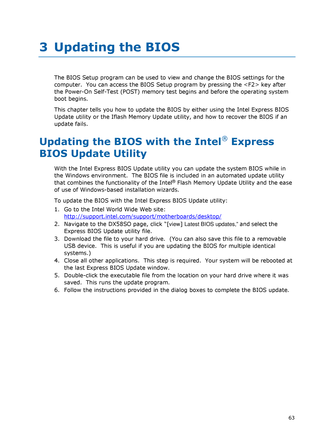Intel DX58SO manual Updating the Bios with the Intel Express Bios Update Utility 