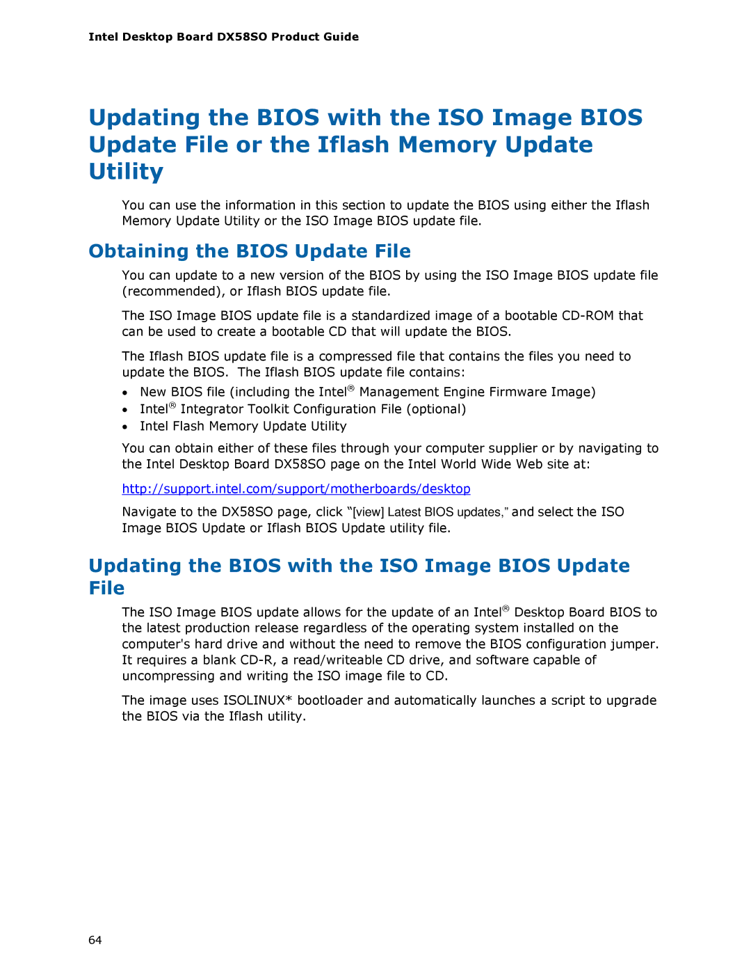 Intel DX58SO manual Obtaining the Bios Update File, Updating the Bios with the ISO Image Bios Update File 