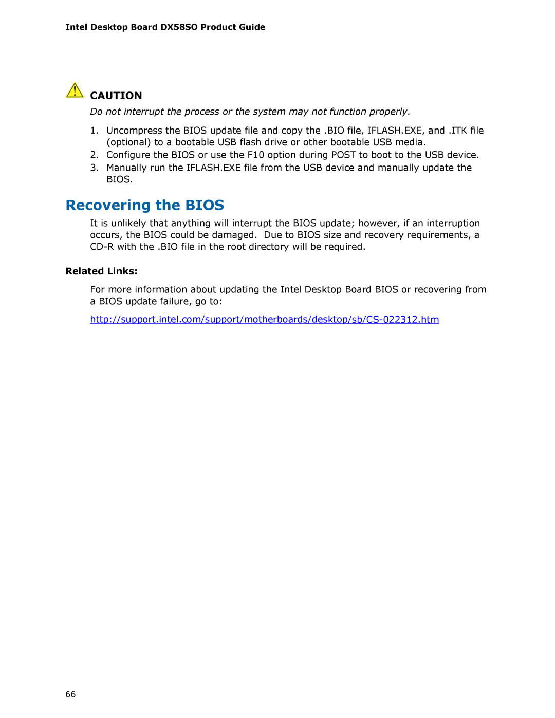 Intel DX58SO manual Recovering the Bios, Related Links 