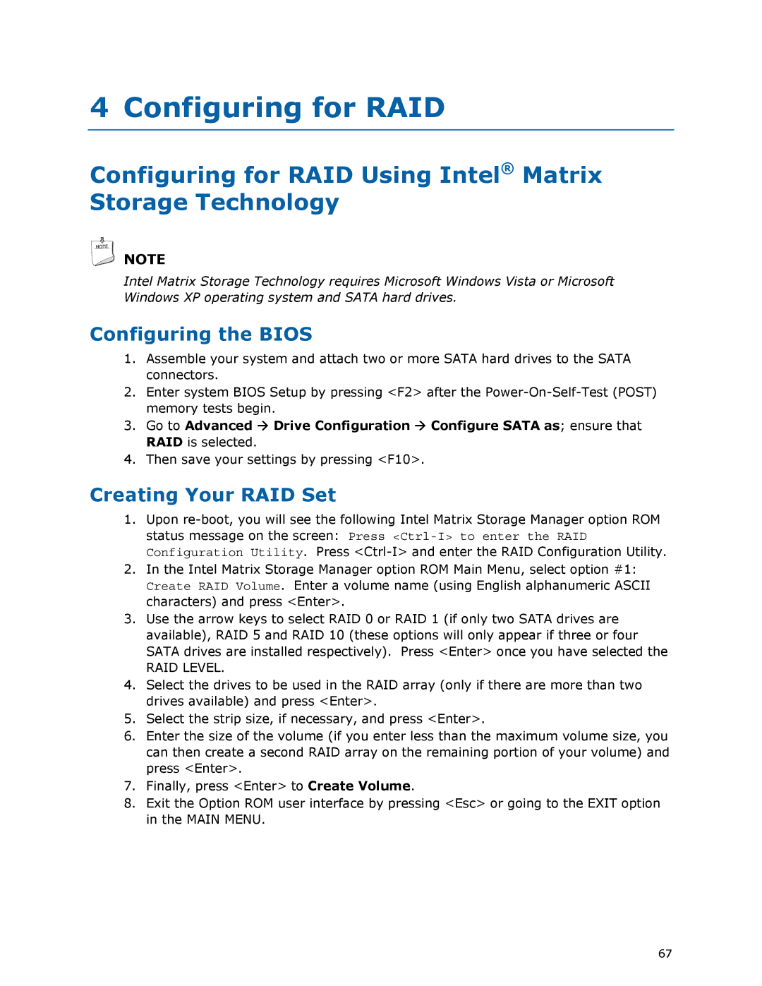 Intel DX58SO Configuring for RAID Using Intel Matrix Storage Technology, Configuring the Bios, Creating Your RAID Set 