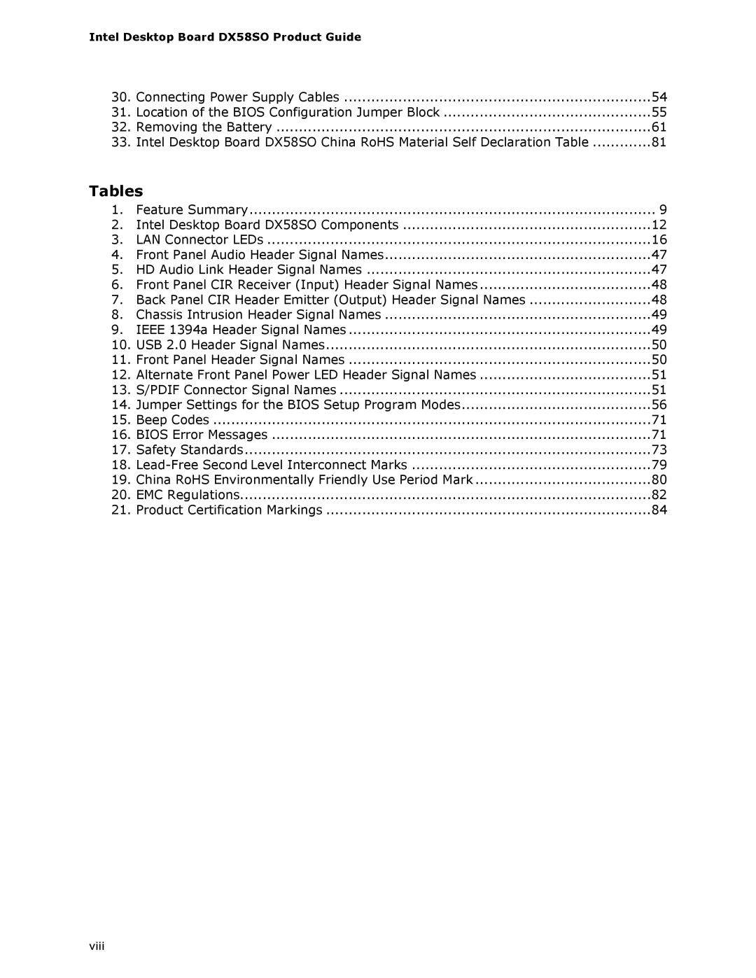 Intel DX58SO manual Tables 