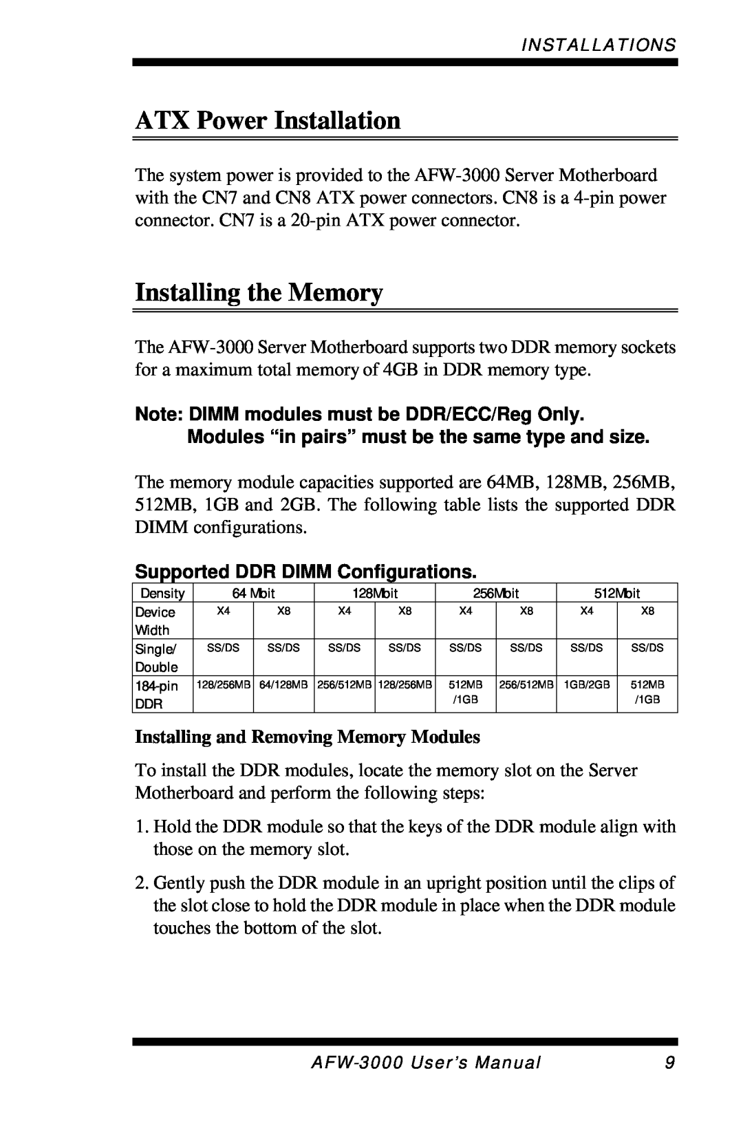Intel E7501 user manual ATX Power Installation, Installing the Memory, Supported DDR DIMM Configurations 