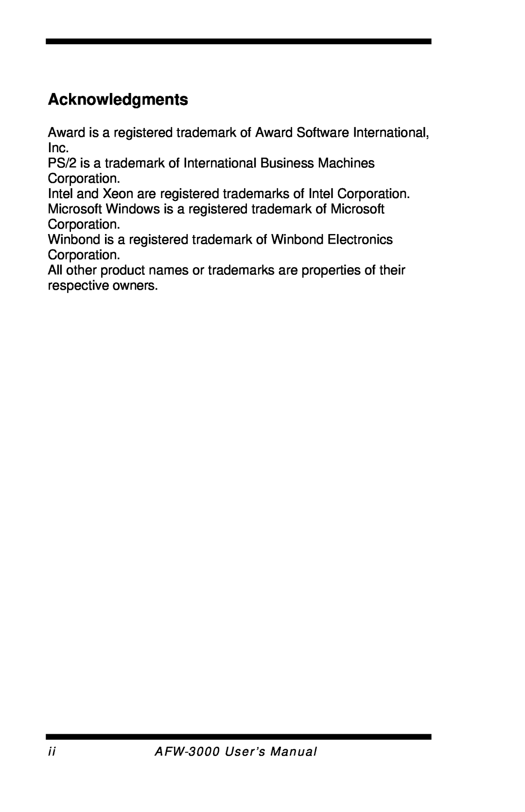 Intel E7501 user manual Acknowledgments, AFW-3000User’s Manual 