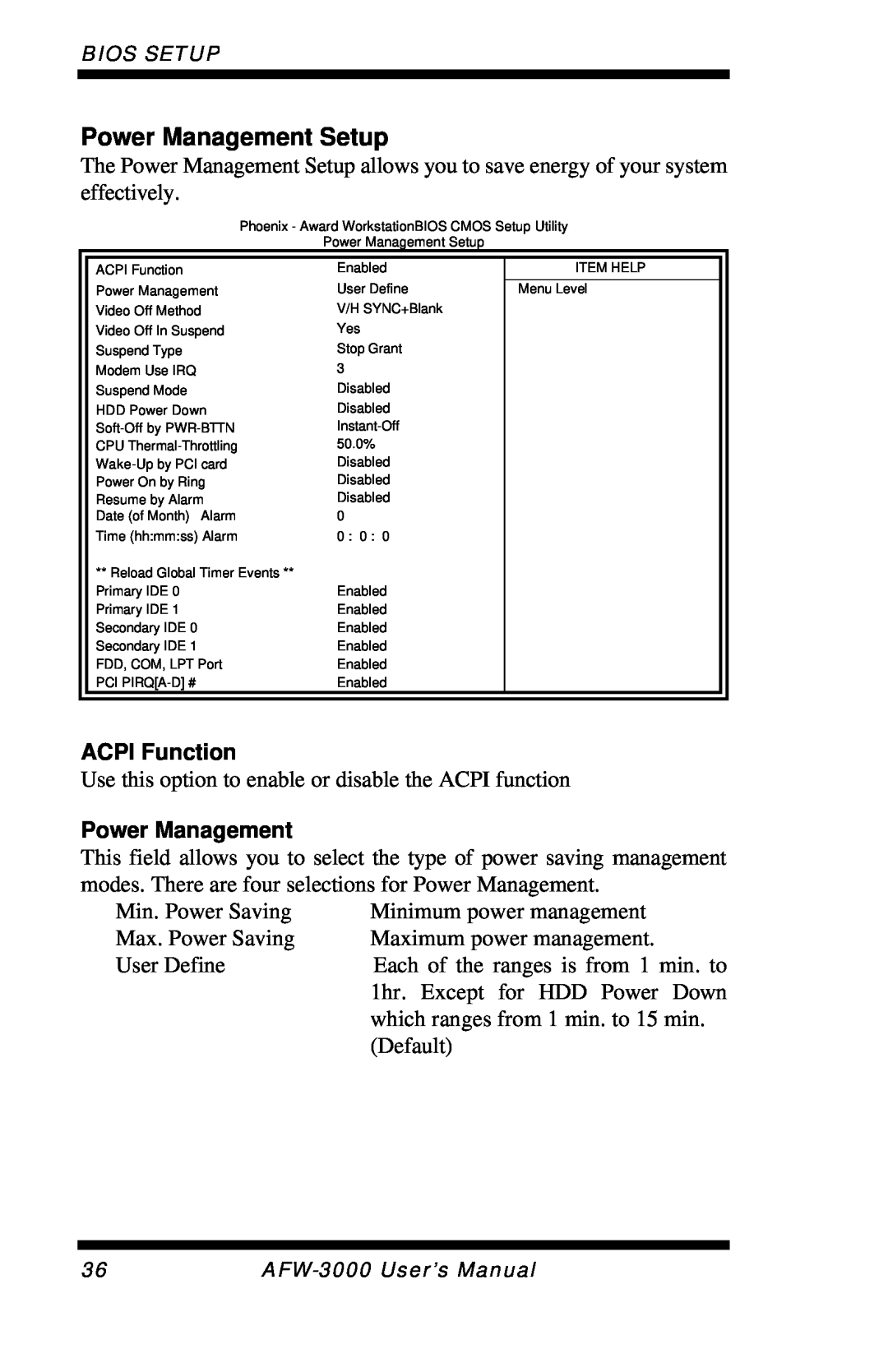 Intel E7501 user manual Power Management Setup, ACPI Function 