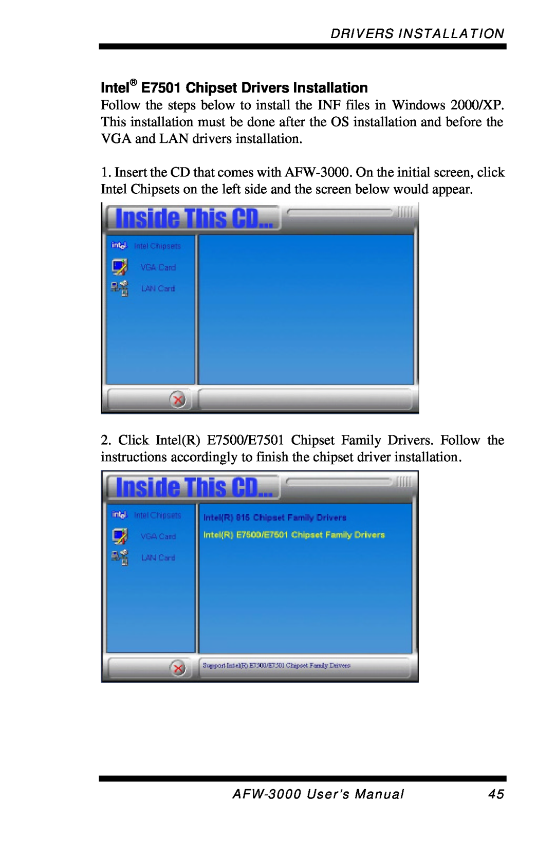Intel user manual Intel E7501 Chipset Drivers Installation, AFW-3000User’s Manual 