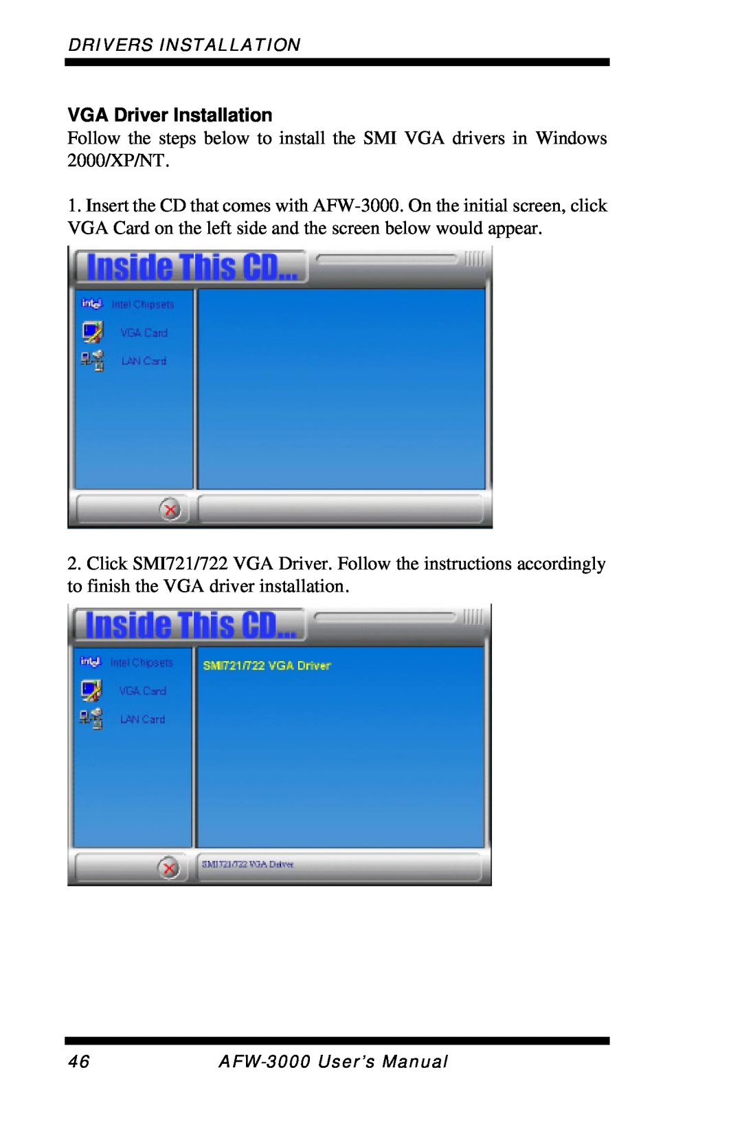 Intel E7501 user manual VGA Driver Installation, Drivers Installation, AFW-3000User’s Manual 
