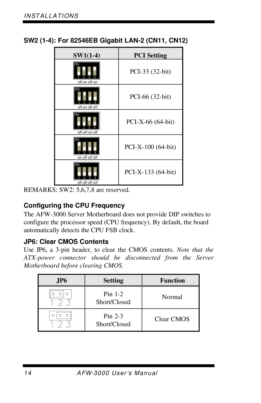 Intel E7501 SW2 1-4 For 82546EB Gigabit LAN-2 CN11, CN12, Configuring the CPU Frequency, JP6 Clear Cmos Contents 