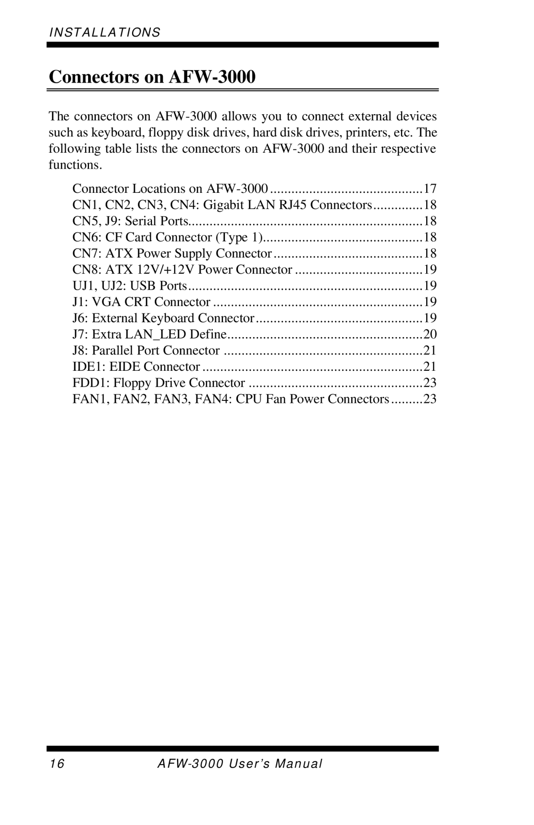 Intel E7501 user manual Connectors on AFW-3000 