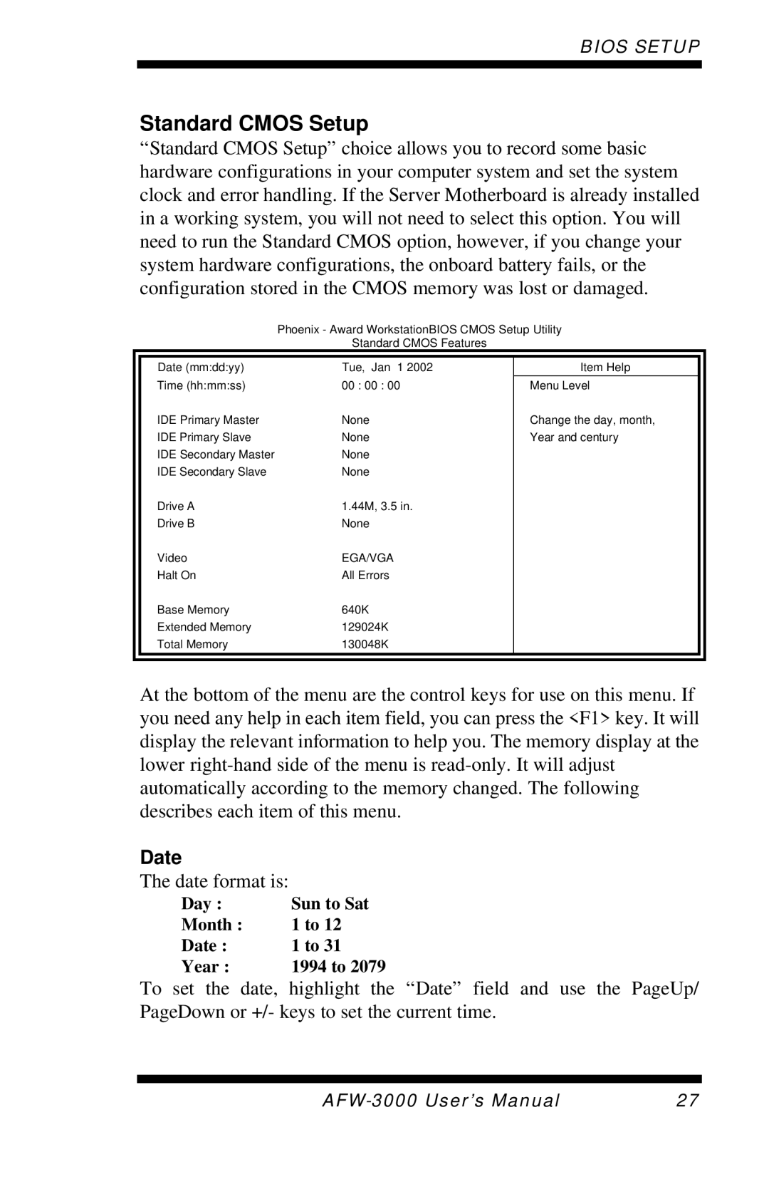 Intel E7501 user manual Standard Cmos Setup, Date 