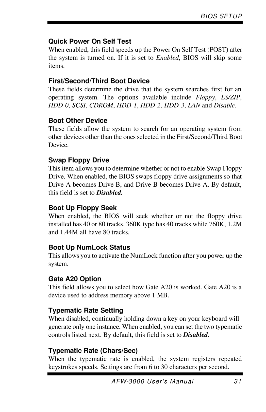 Intel E7501 user manual Quick Power On Self Test, First/Second/Third Boot Device, Boot Other Device, Swap Floppy Drive 