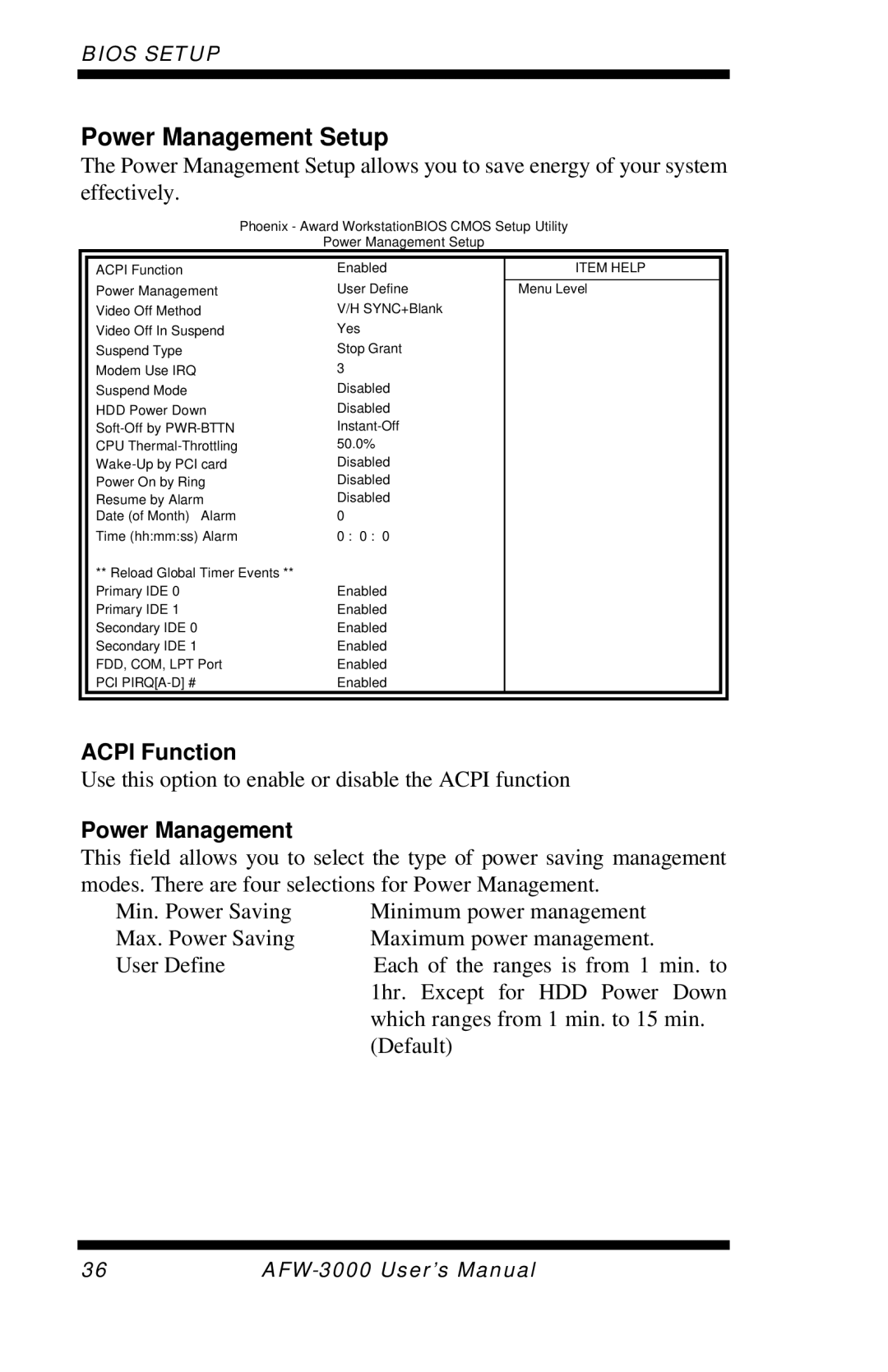 Intel E7501 user manual Power Management Setup, Acpi Function 