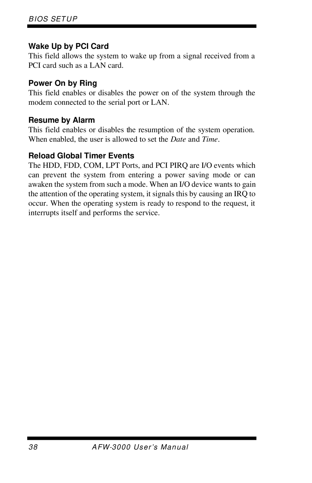 Intel E7501 user manual Wake Up by PCI Card, Power On by Ring, Resume by Alarm, Reload Global Timer Events 