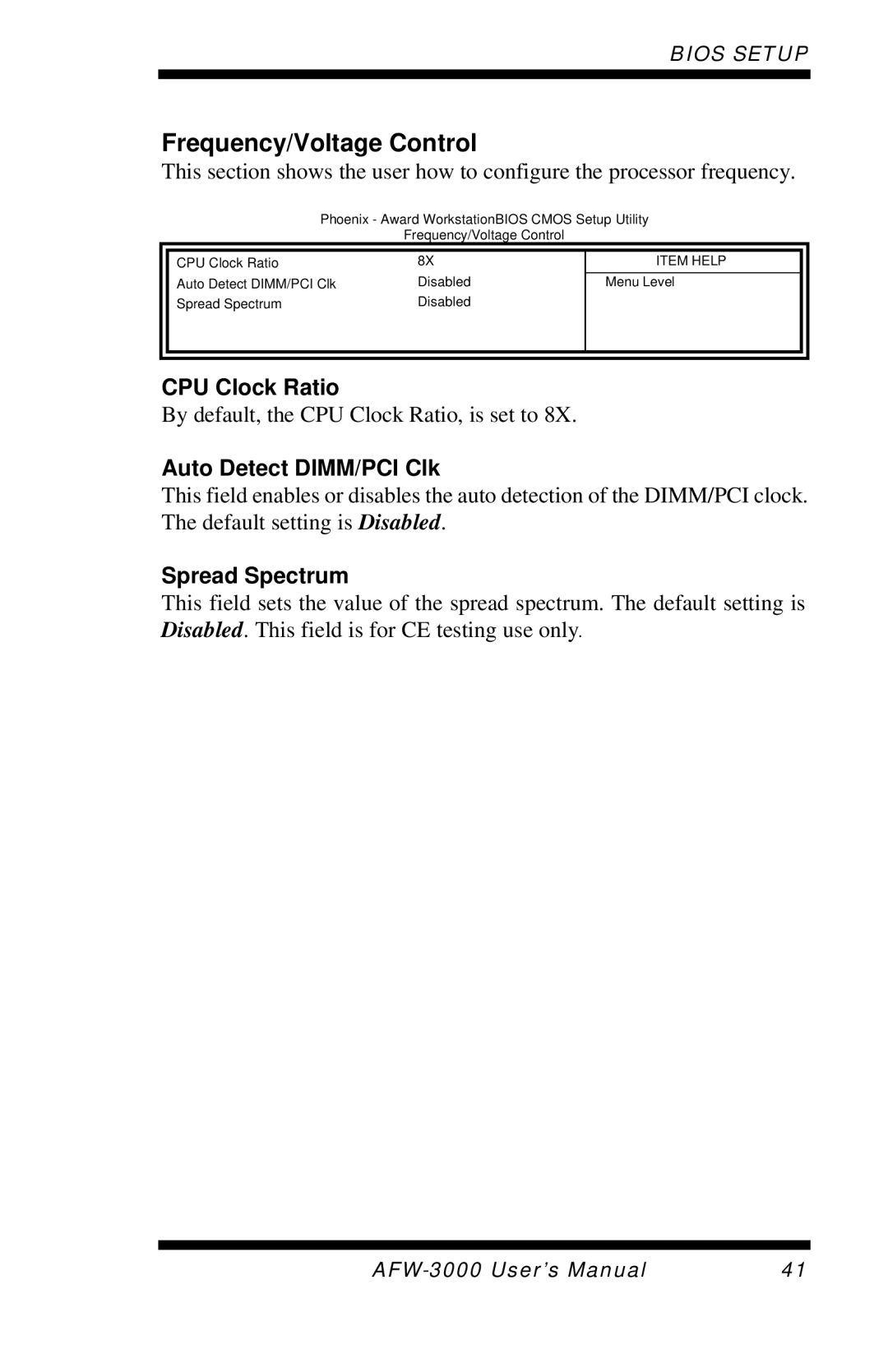 Intel E7501 user manual Frequency/Voltage Control, CPU Clock Ratio, Auto Detect DIMM/PCI Clk, Spread Spectrum 