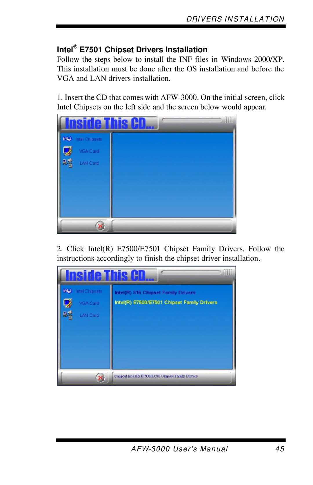 Intel user manual Intel E7501 Chipset Drivers Installation 