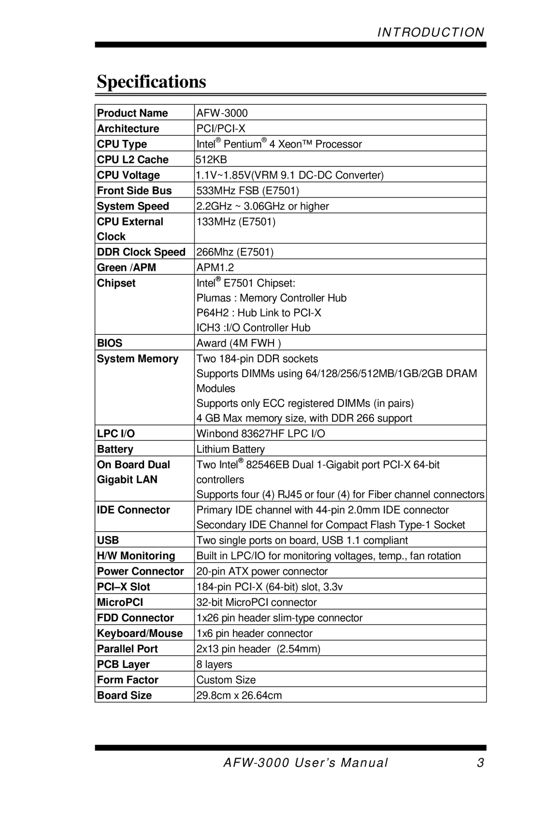 Intel E7501 user manual Specifications, Chipset 