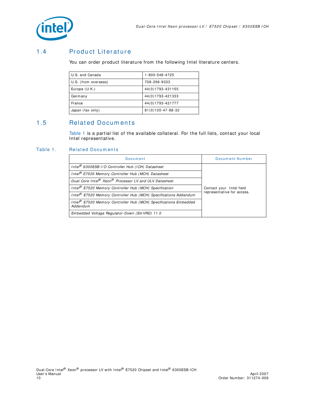 Intel E7520 user manual Product Literature, Related Documents 