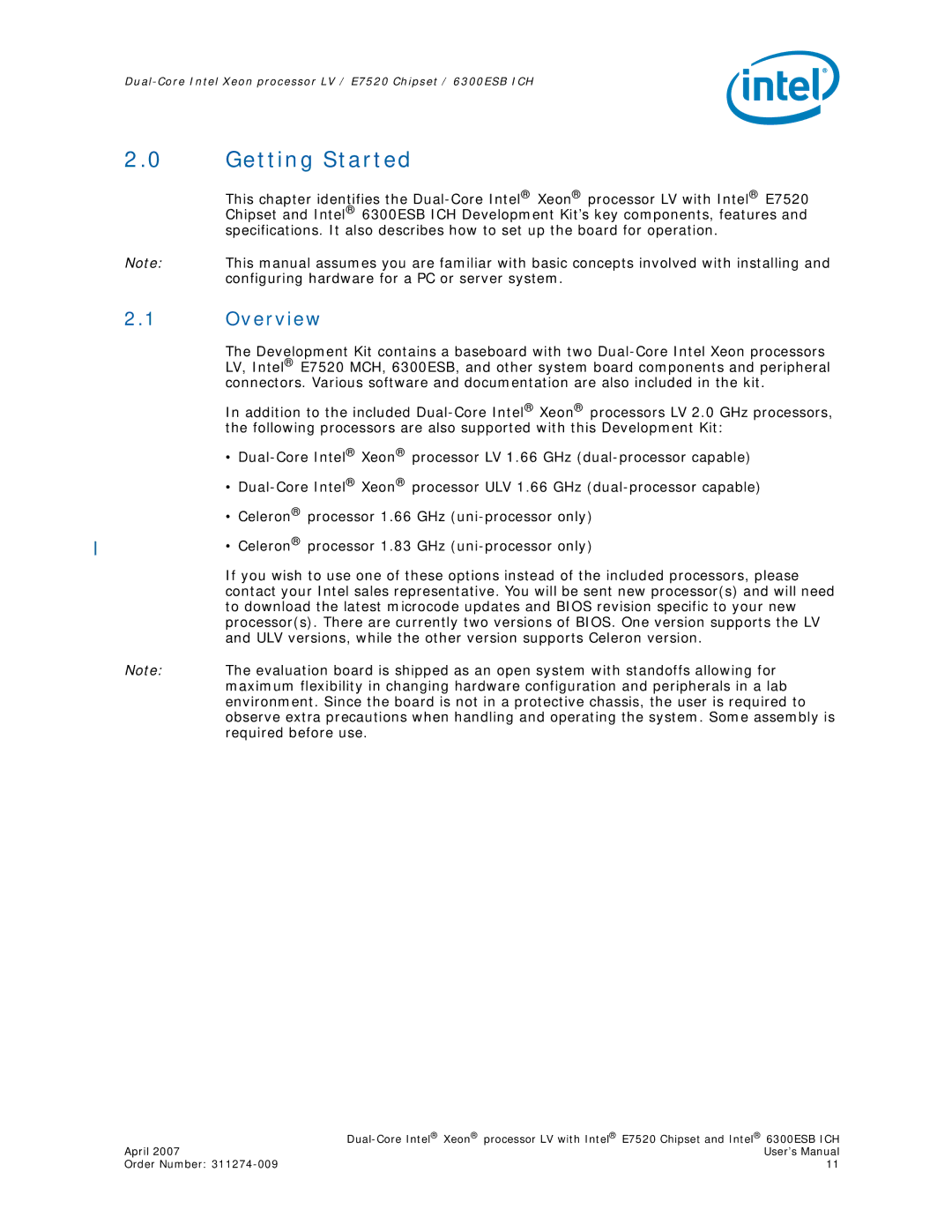 Intel E7520 user manual Getting Started, Overview 