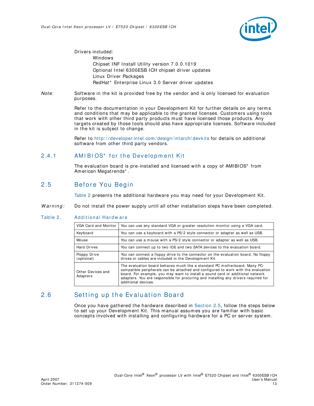 Intel E7520 Before You Begin, Setting up the Evaluation Board, AMIBIOS* for the Development Kit, Additional Hardware 