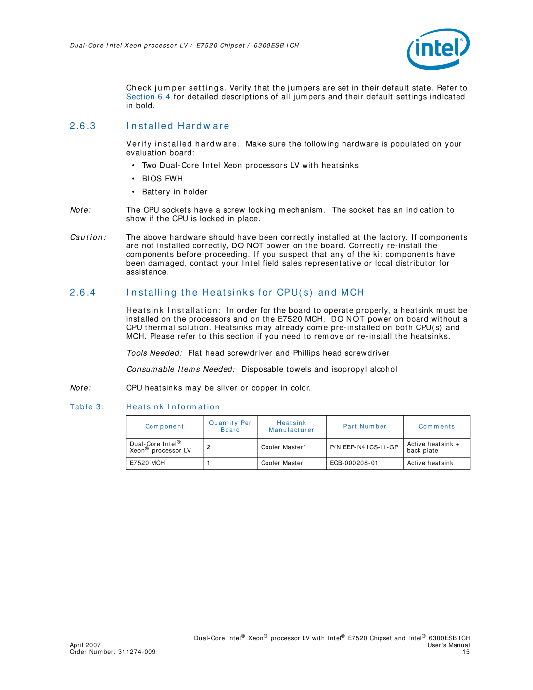 Intel E7520 Installed Hardware, Installing the Heatsinks for CPUs and MCH, Heatsink Information, EEP-N41CS-I1-GP 