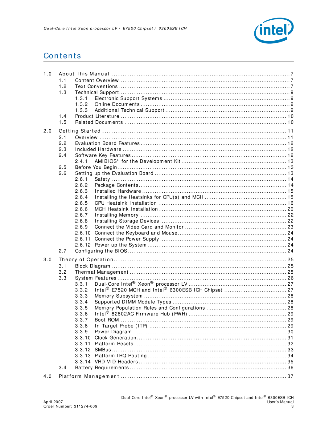 Intel E7520 user manual Contents 