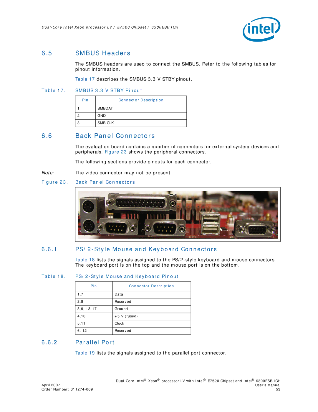 Intel E7520 user manual Smbus Headers, Back Panel Connectors, 1 PS/2-Style Mouse and Keyboard Connectors, Parallel Port 