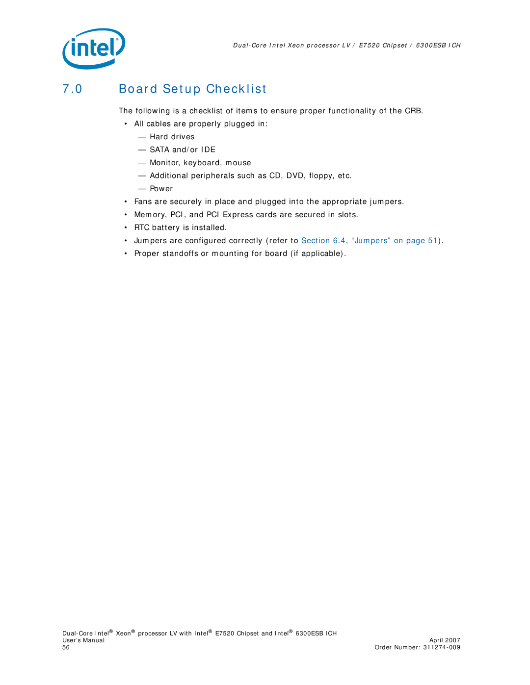 Intel E7520 user manual Board Setup Checklist 