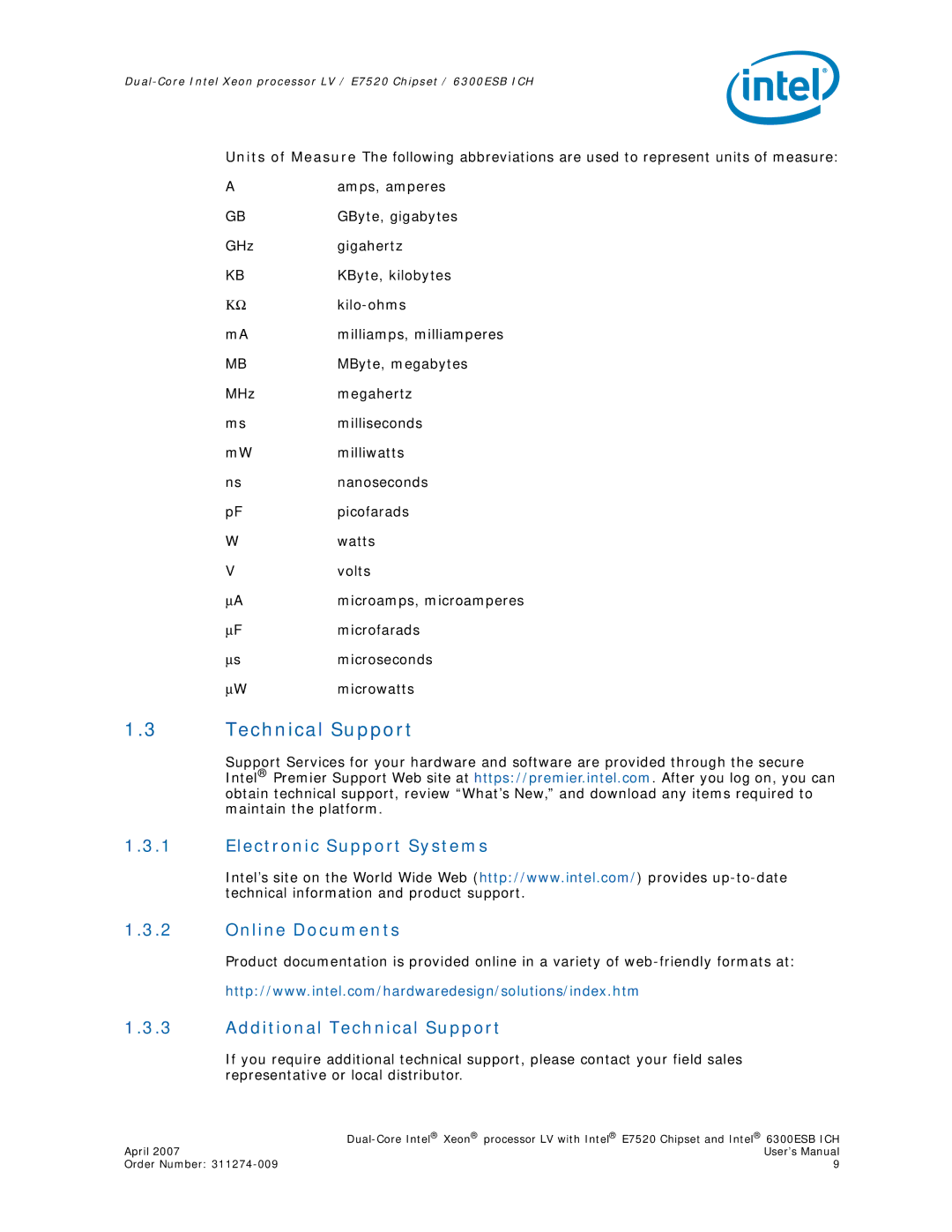 Intel E7520 user manual Electronic Support Systems Online Documents, Additional Technical Support 