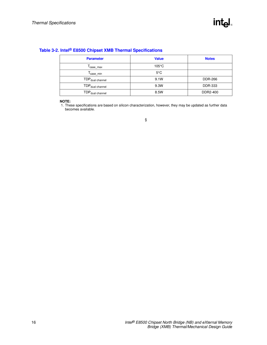 Intel manual Intel E8500 Chipset XMB Thermal Specifications 